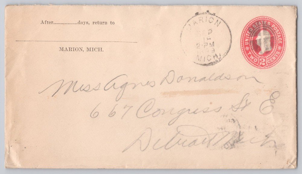 Marion, Mich. 2c Postal Stationery Envelope to Detroit, Reg. Cancels 1899