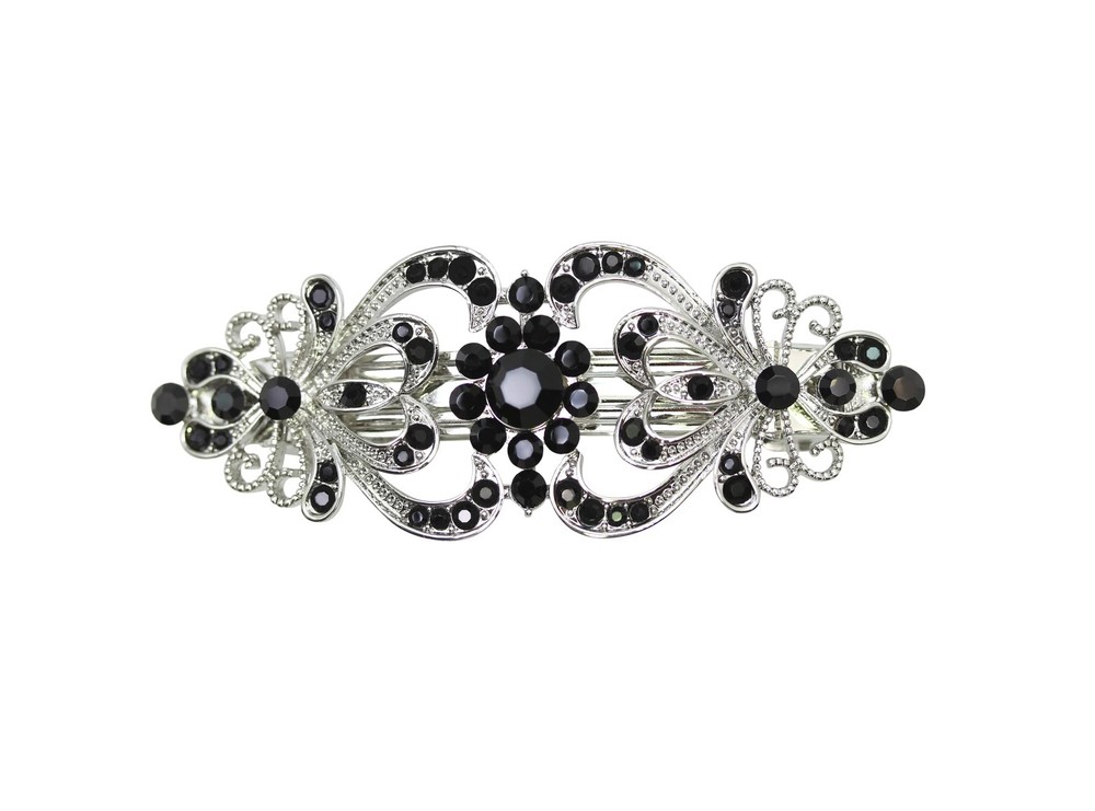 Gorgeous Black Rhinestone Crystal Floral Hair Barrette