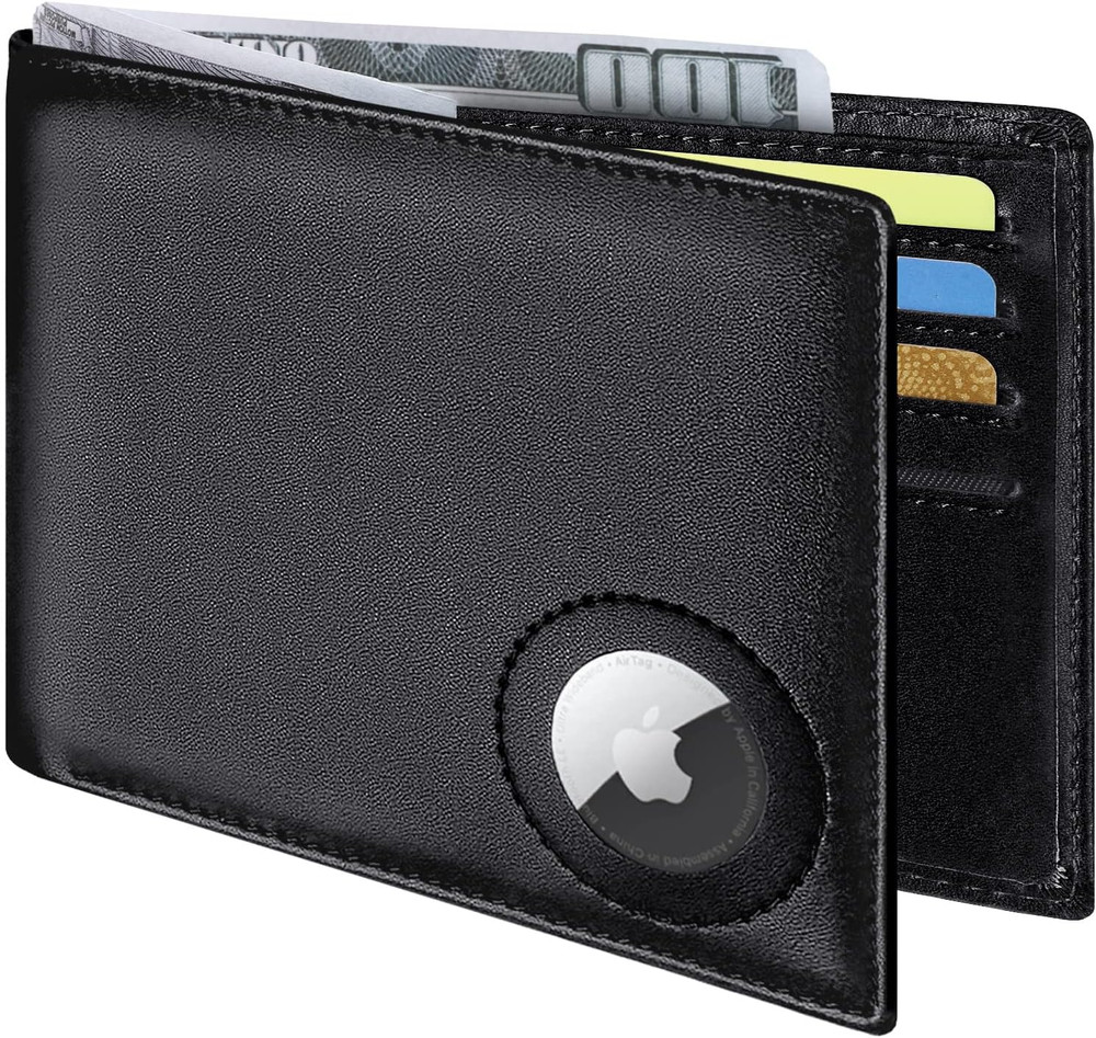 Slim Leather Wallet for Men with Airtag Holder, RFID Blocking Bifold, ID Windows