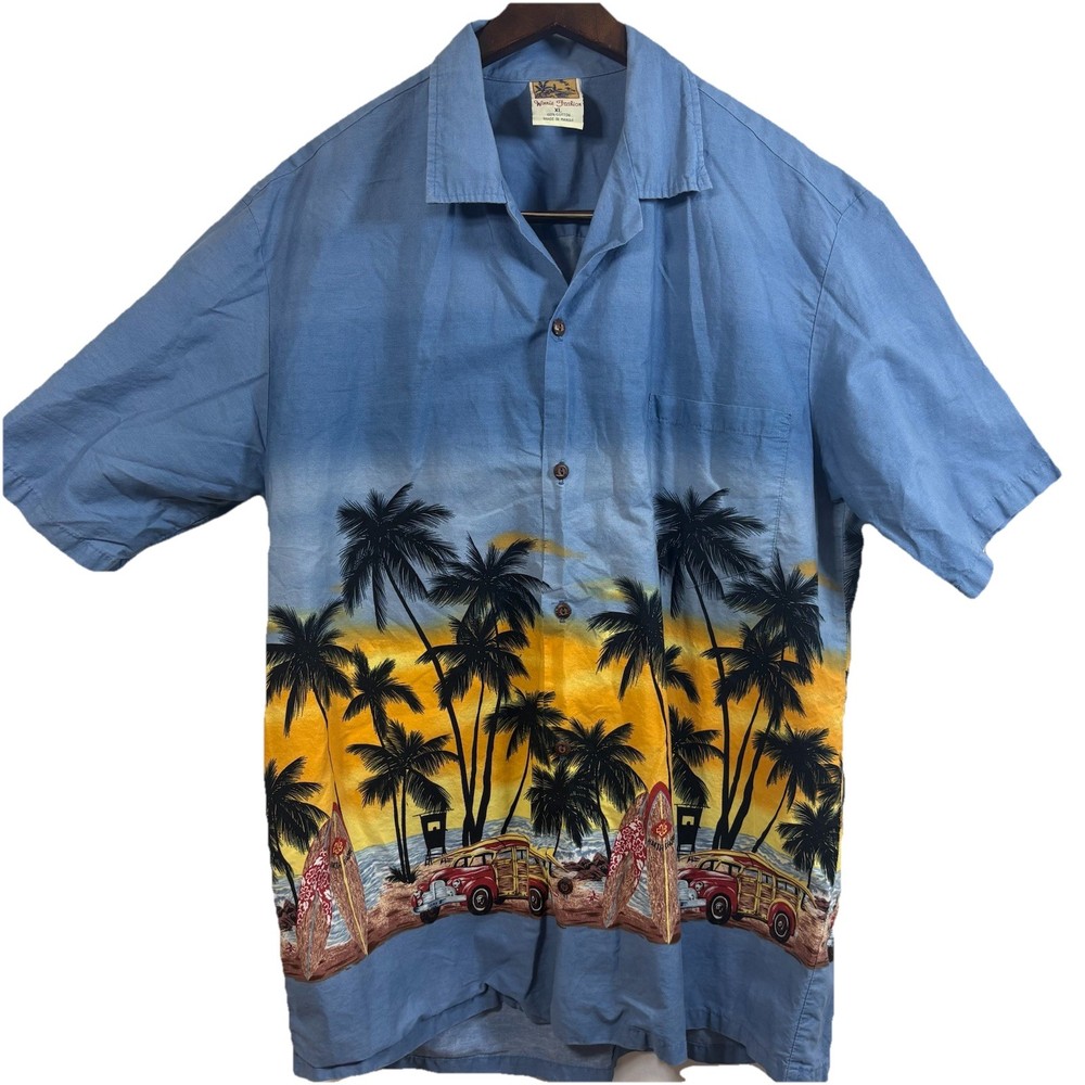 Winnie Fashion Men’s Size XL Hawaiian Shirt Blue Surfboards Palms Made In Hawaii