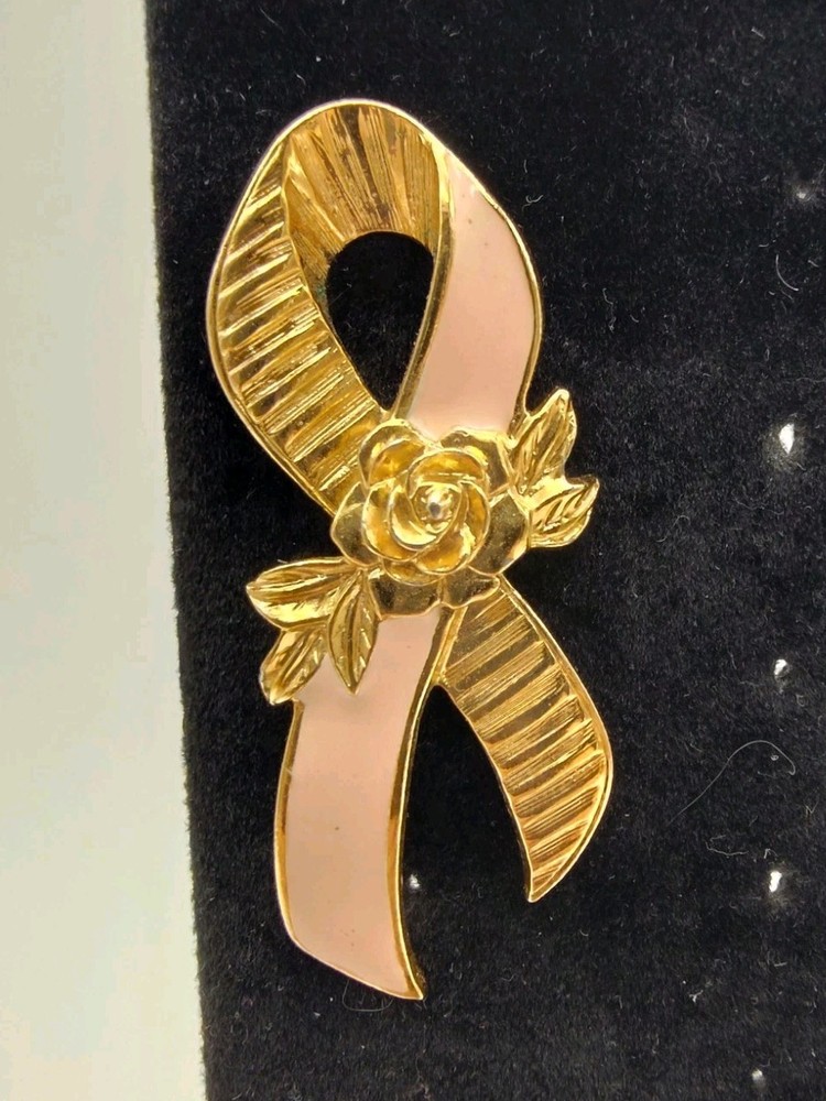 Vintage Avon Gold Tone Pink Enamel Breast Cancer Awareness Ribbon Lapel Pin Rose