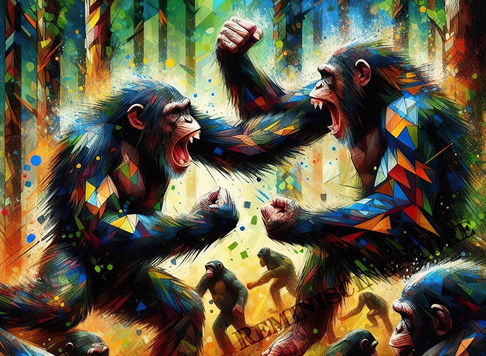 Wild Chimps Fighting in Forest Splash Paint Abstract Art Reprint-image