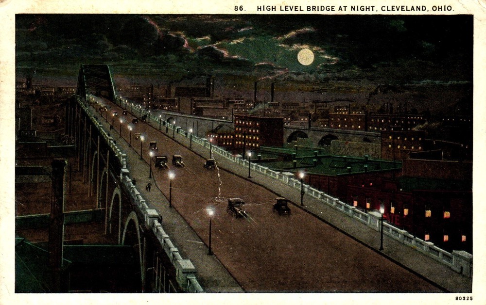 Postcard High Level Bridge at Night Cleveland Ohio