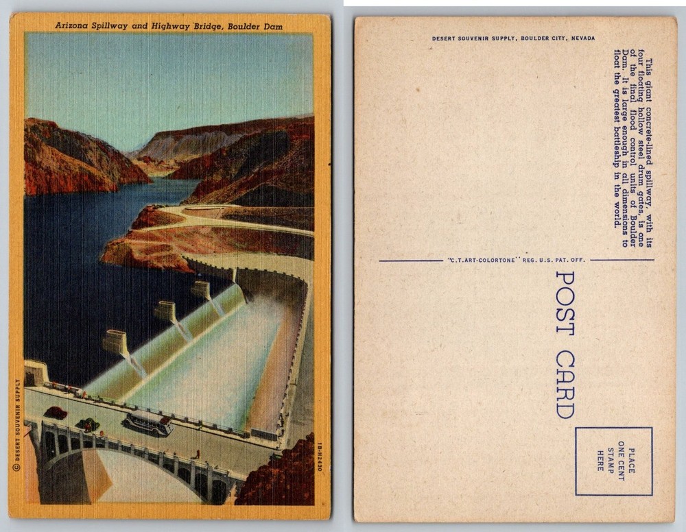 Boulder Dam Arizona Spillway & Highway Bridge Vintage Postcard Colortone