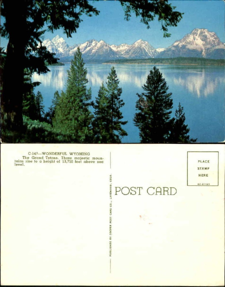 Grand Teton Mountains snow-capped Wyoming WY lake unused old postcard