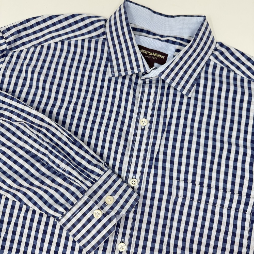Johnston & Murphy Shirt Mens XL Blue White Gingham Check Button Down J&M Logo