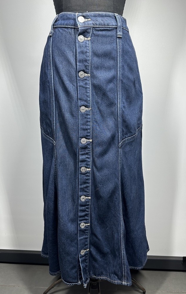 7 for all Mankind Blue  Denim Midi Skirt Size 27 Casual Chic Coastal Minimalist