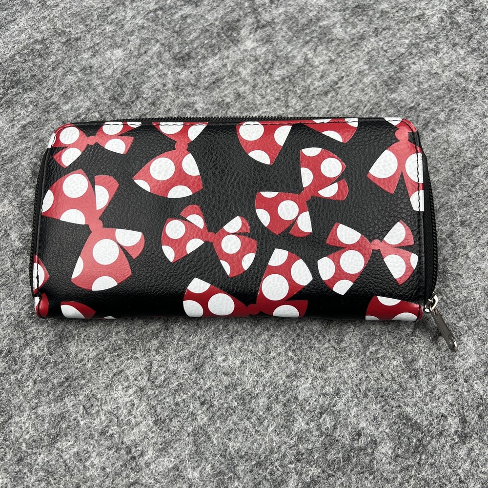 Disney Parks Minnie Mouse Wallet Womens Black Red Polka Dot Bows Zip Around