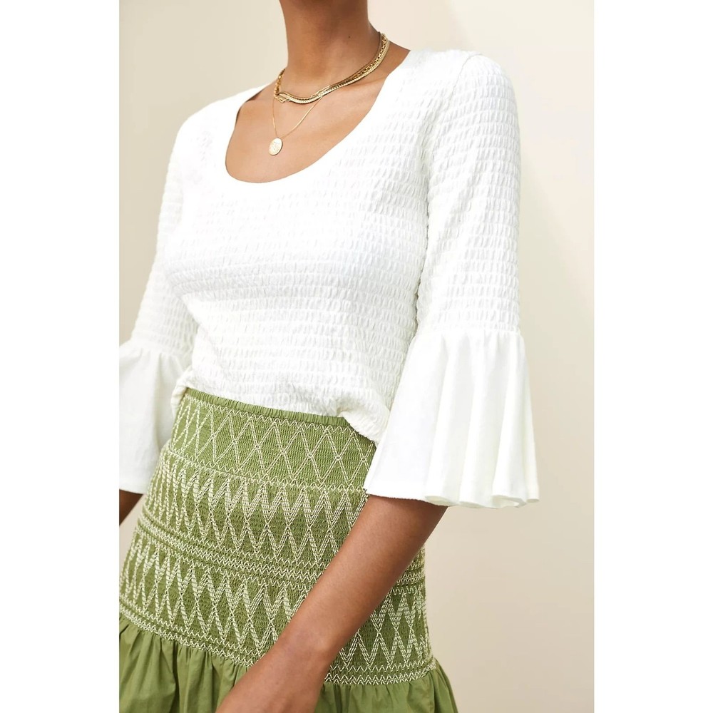 NWT Anthropologie Ivory Smocked Bell-Sleeve Top Women's Size XS