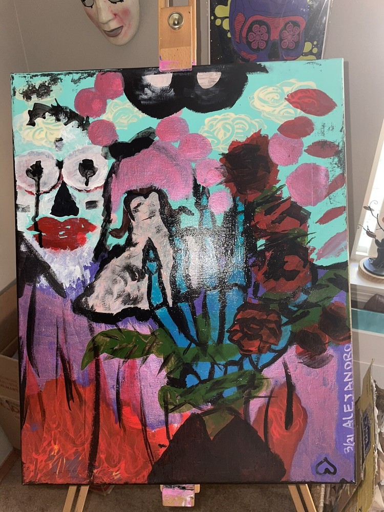 Skull Hand With Roses 420 Painting. Custom, Hand-made Art