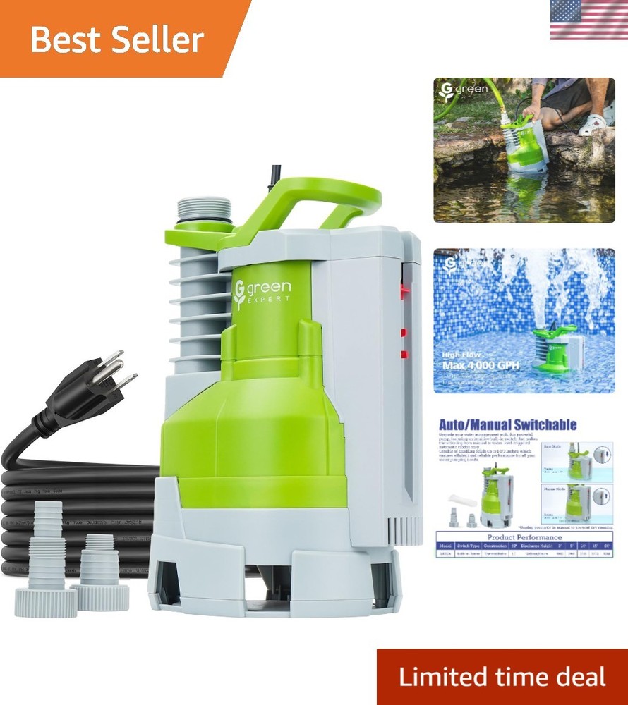 1HP Automatic Sump Pump - 26FT Lift, 25FT Cord for Floods  