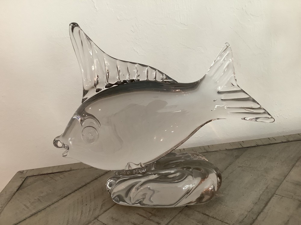 Vintage Murano Mid Century Modern Italian Clear Glass Fish Sculpture On A Wave