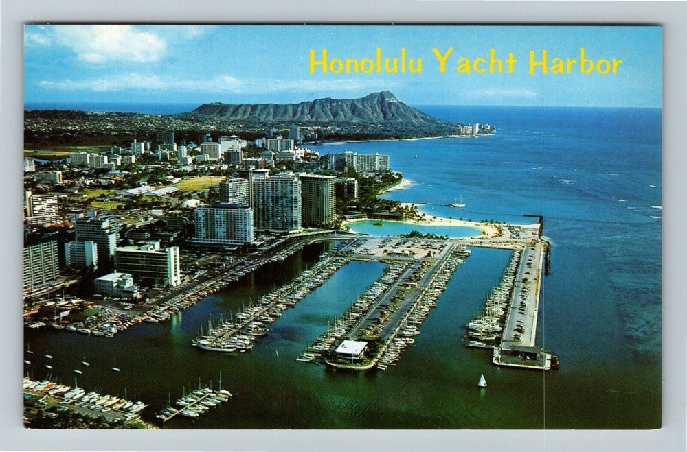 Honolulu HI-Hawaii, Yacht Harbor, Aerial View, Diamond Head Vintage Postcard