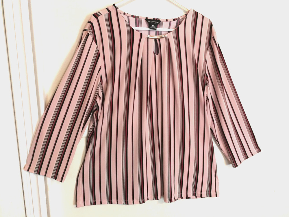 Liz Claiborne Career Womens Blouse XXL Plus Pink Cranberry Striped 3/4 Sleeve