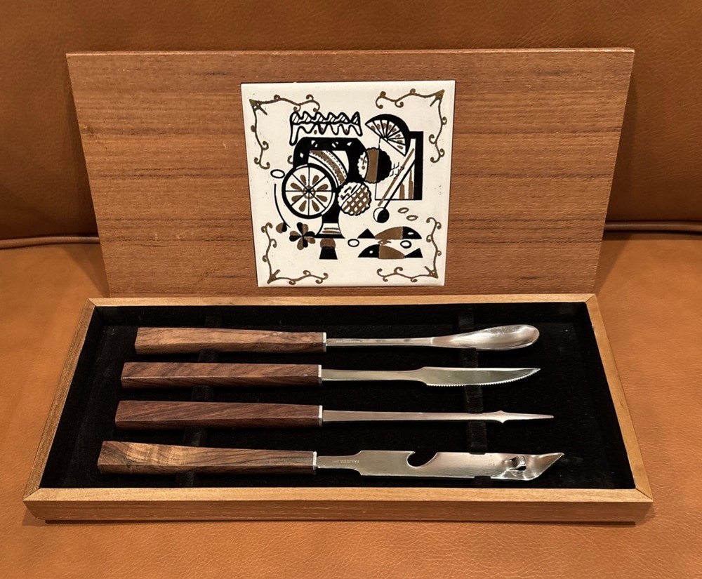 1970’s VTG Bar Tool Set W/Tile Black & Gold Design & Cutting Board 4 Piece Set