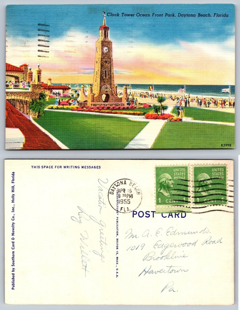 Daytona Beach FL Clock Tower Ocean Front Park Linen Postcard 1955 Posted