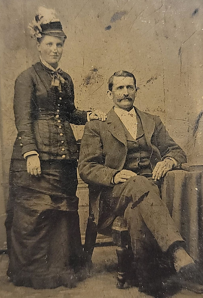 Antique Vintage Tintype Photo Picture Portrait Lady Dress Hat Man Suit Chair