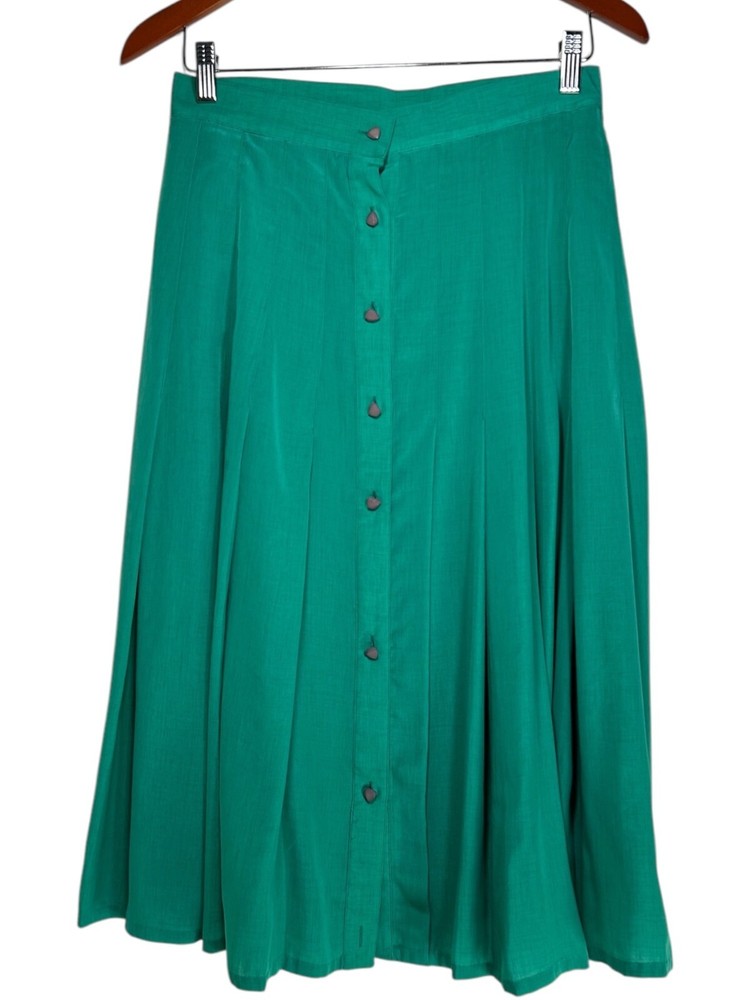 JAC DALE Jade Green Pleated Midi Skirt Size 12 Vintage Woven Polyester Button Up
