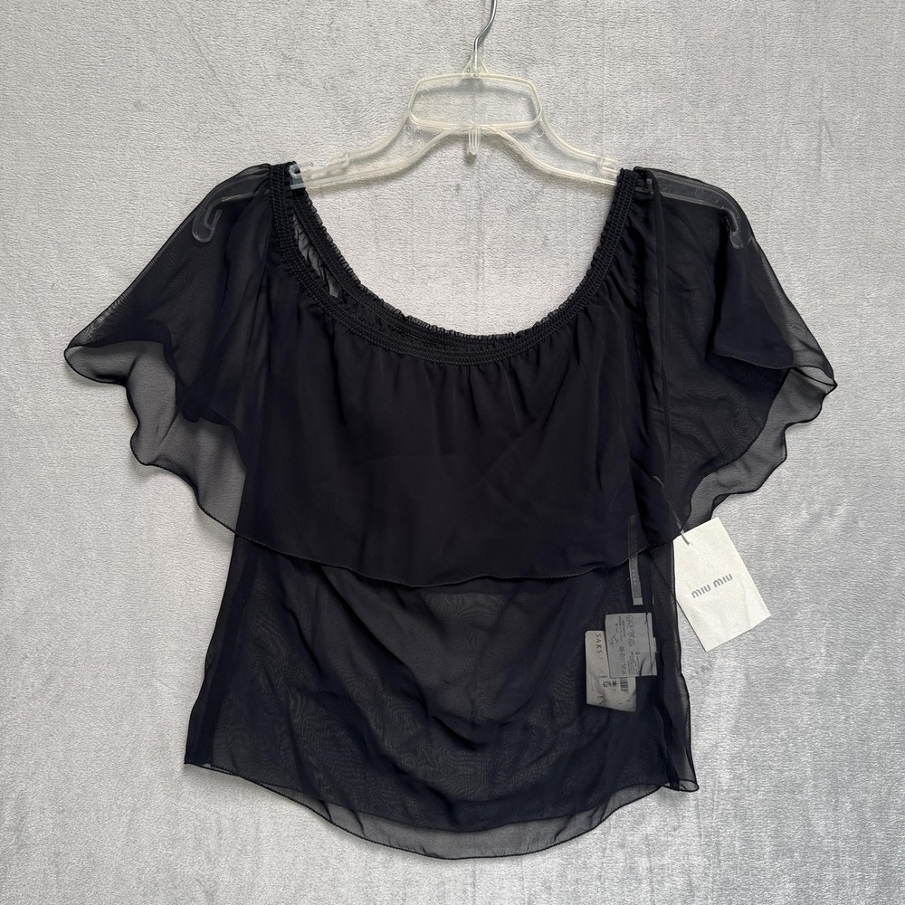 Miu Miu Blouse Womens 42 Black Chiffon Sheer Ruffle Flutter Sleeve Top Peasant