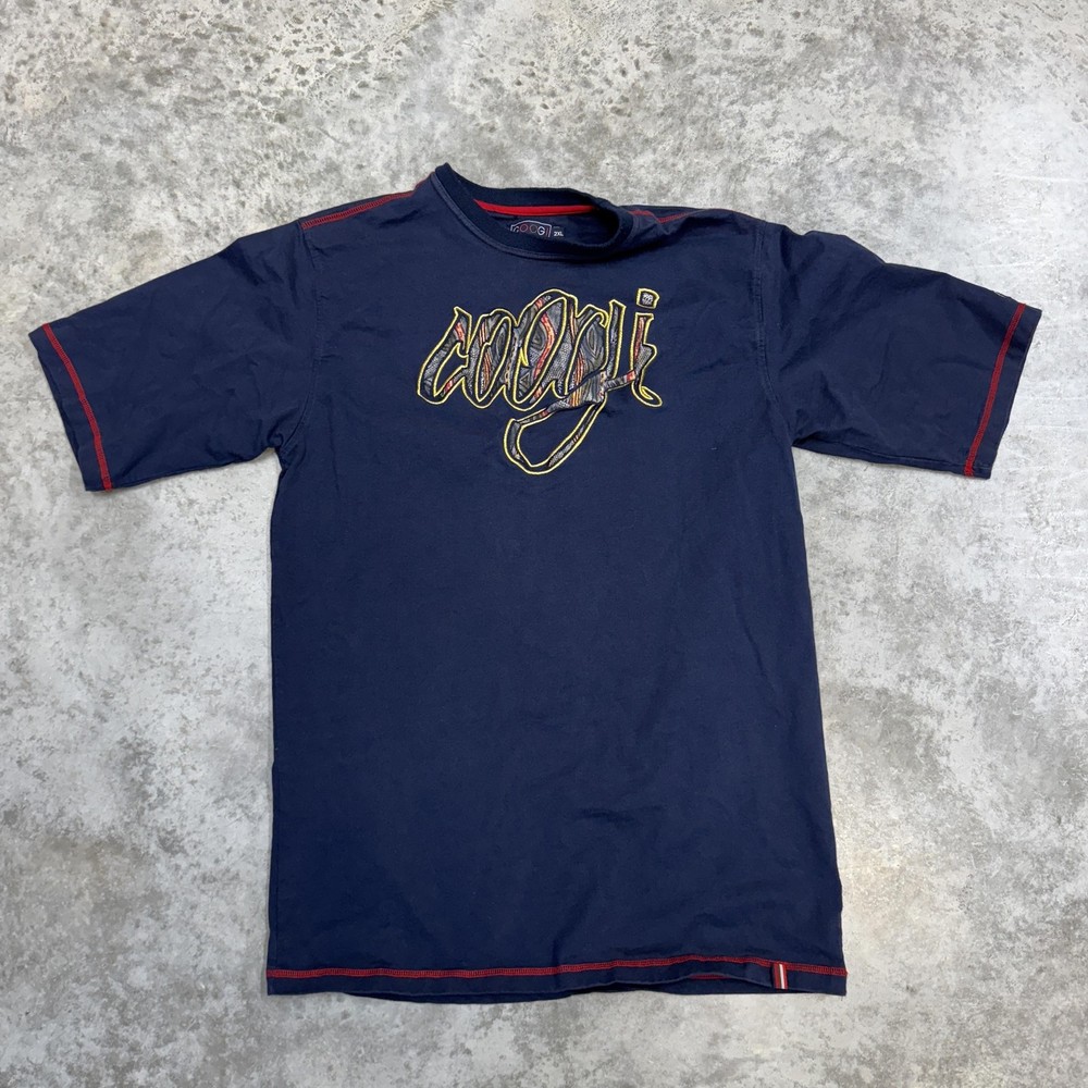 Coogi Shirt Mens XL Blue Script Logo Graphic Tee Contrast Stitch Streetwear
