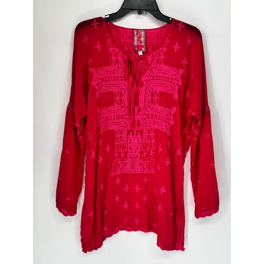 Johnny Was Embroidered Tunic Womens Medium Pink Excellent Boho Tie Neck C27919-0