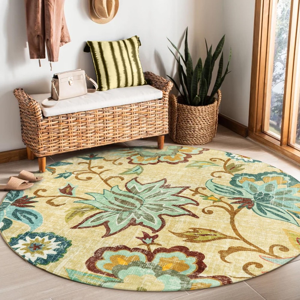 Lahome Floral Round Area Rugs 5Ft - Washable Soft Large Round Rugs for Living...