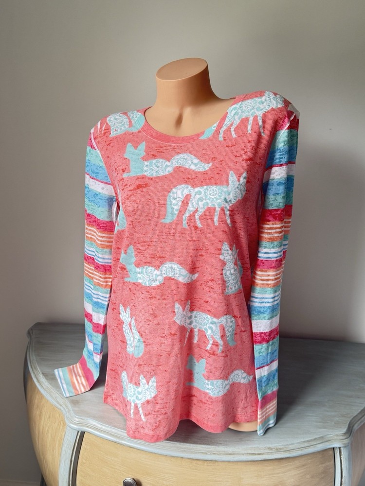 FOX STRIPES THERMAL Long Sleeve Contrast Tee Top T-Shirt Before Again XL