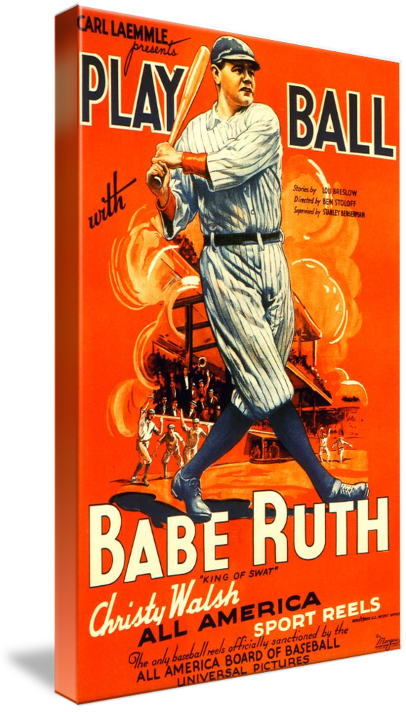 Movie Canvas - Play Ball, Babe Ruth Baseball Vintage Film Poster Ad, 3 Sizes