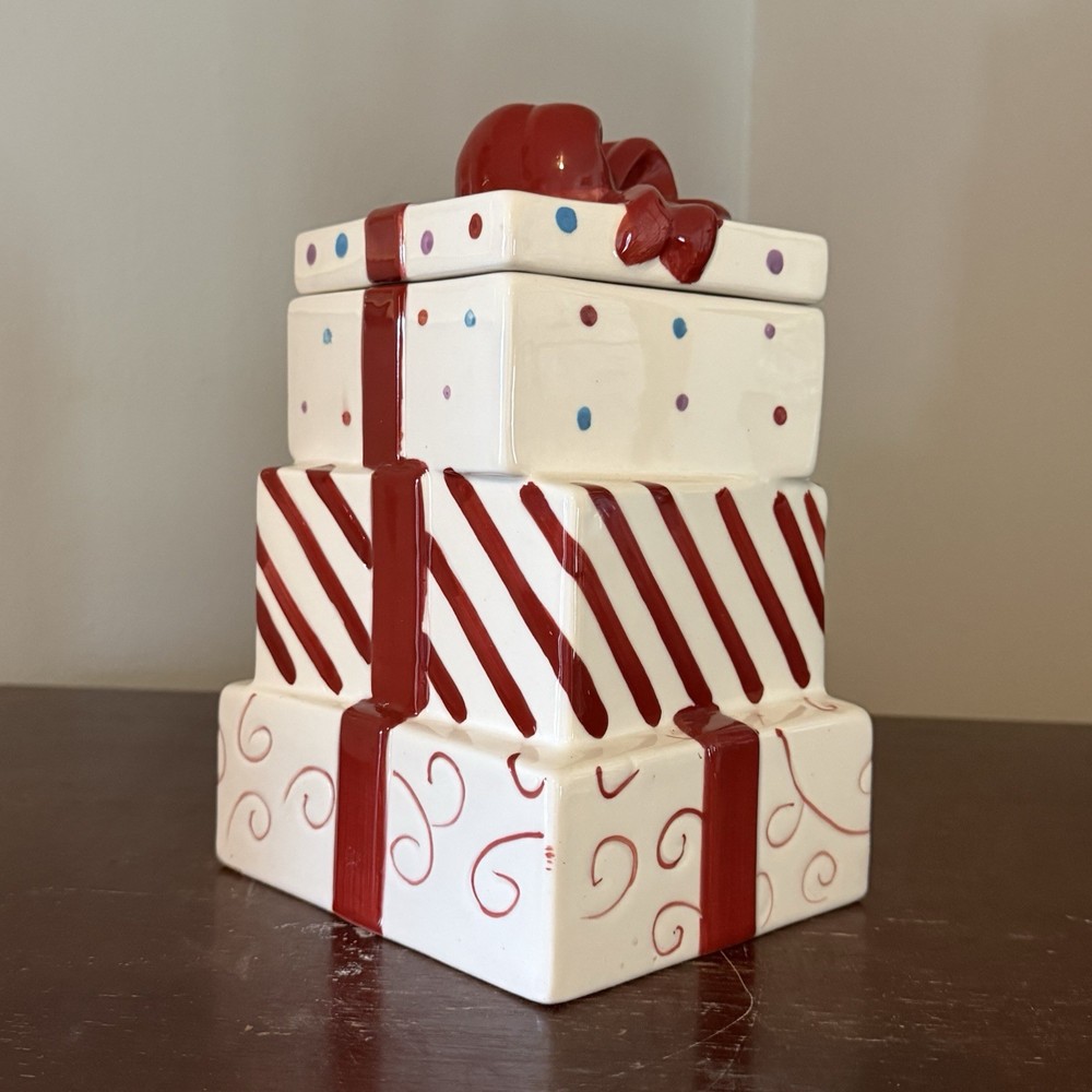 Holiday Cookie Jar Ceramic 3 Gift Boxes With Red Ribbons & Bow 9x6