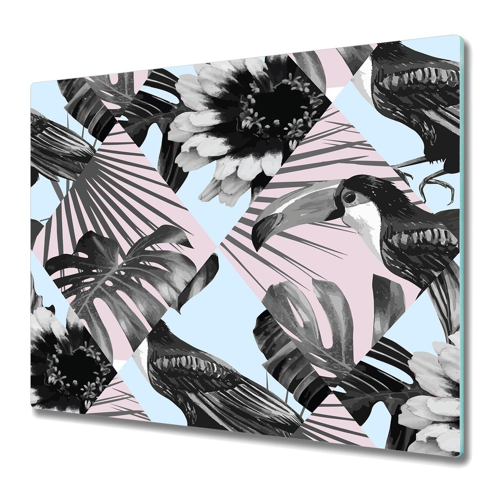 Glass Kitchen Chopping Board Patchwork with toucan pink and blue 60x52