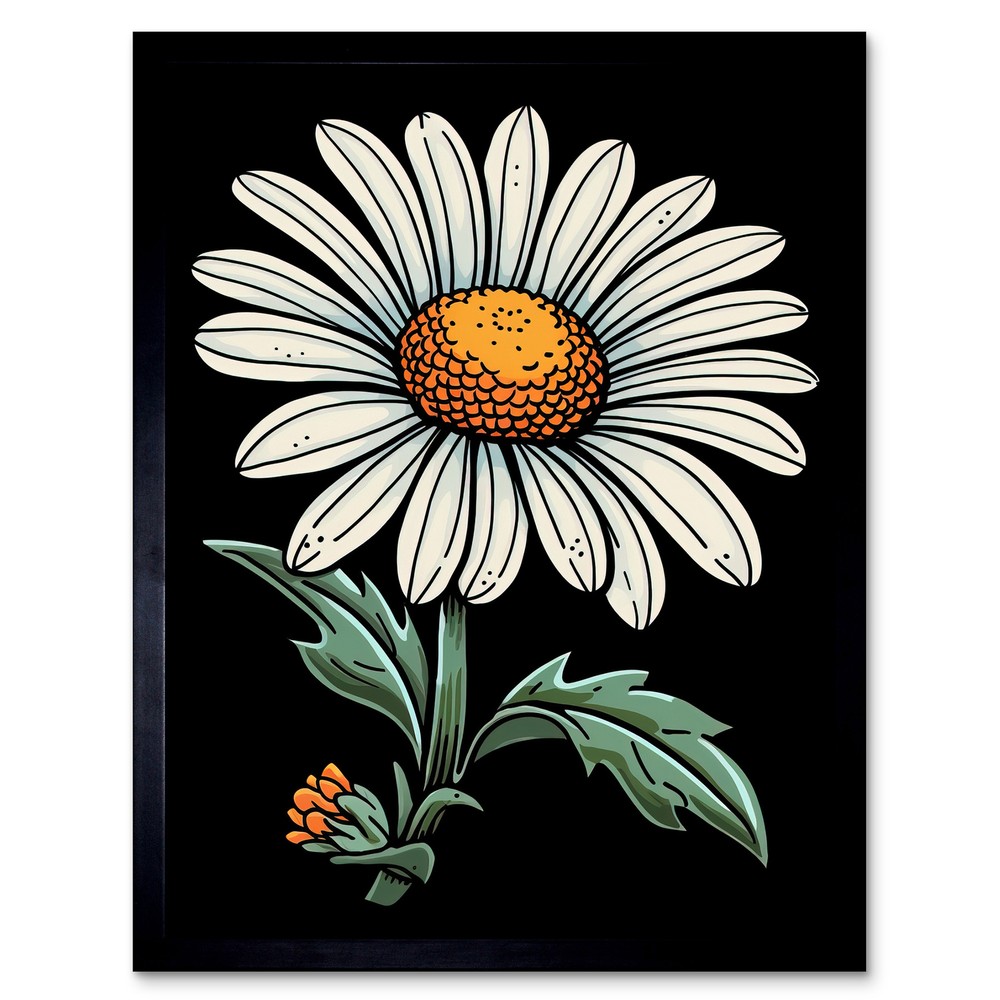 A Single Daisy Dark Old School Tattoo Rockabilly 50s Framed Print Wall Art 12x16