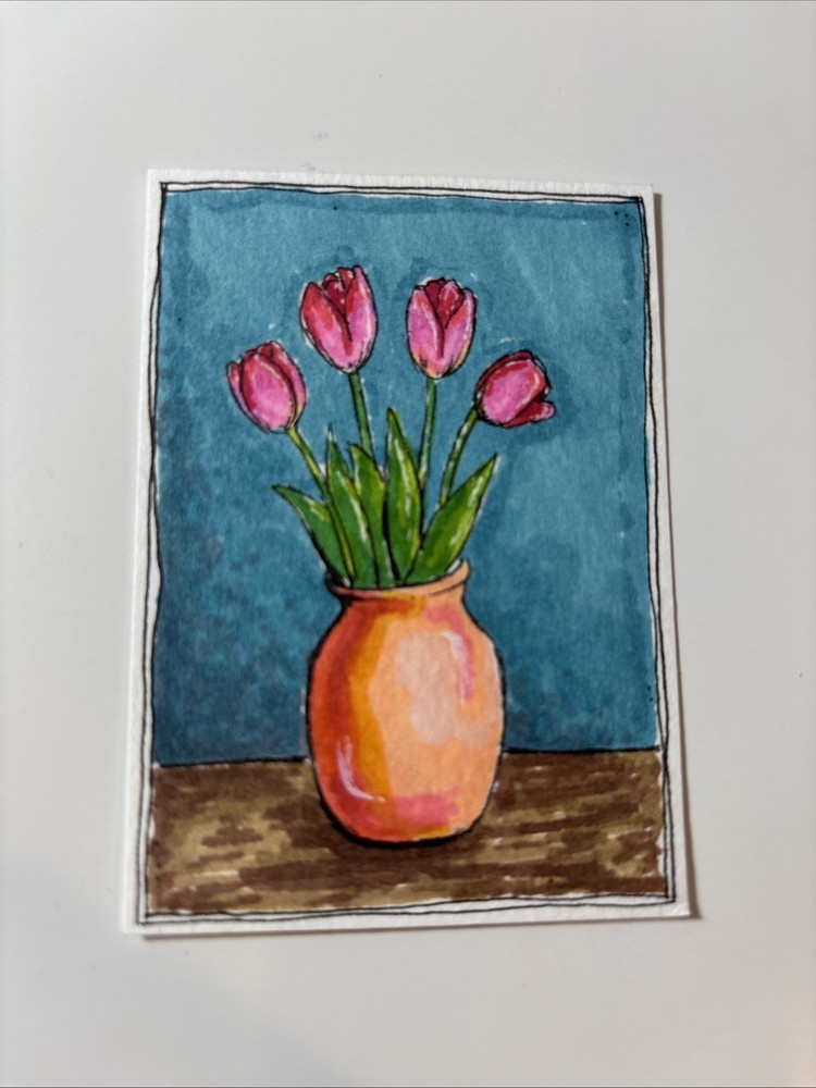 ACEO Original Tulips Alcohol Marker Drawing On Paper By Janie 2.5x3.5