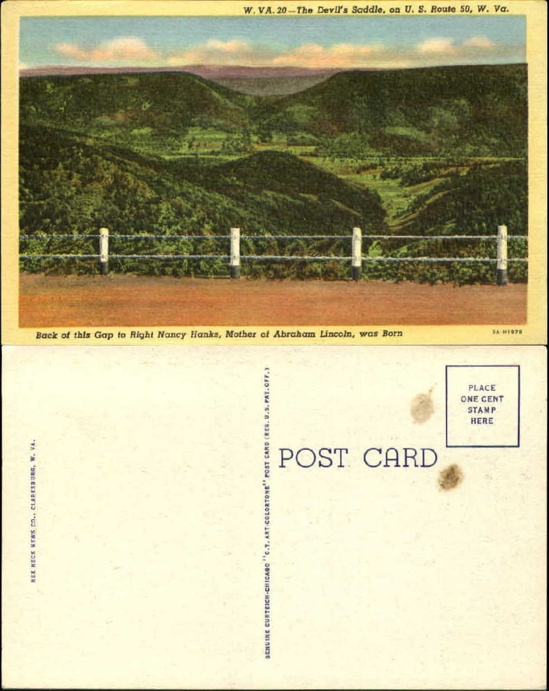 Devils Saddle Rt 50 WV Lincoln mother Nancy Hanks unused vintage postcard
