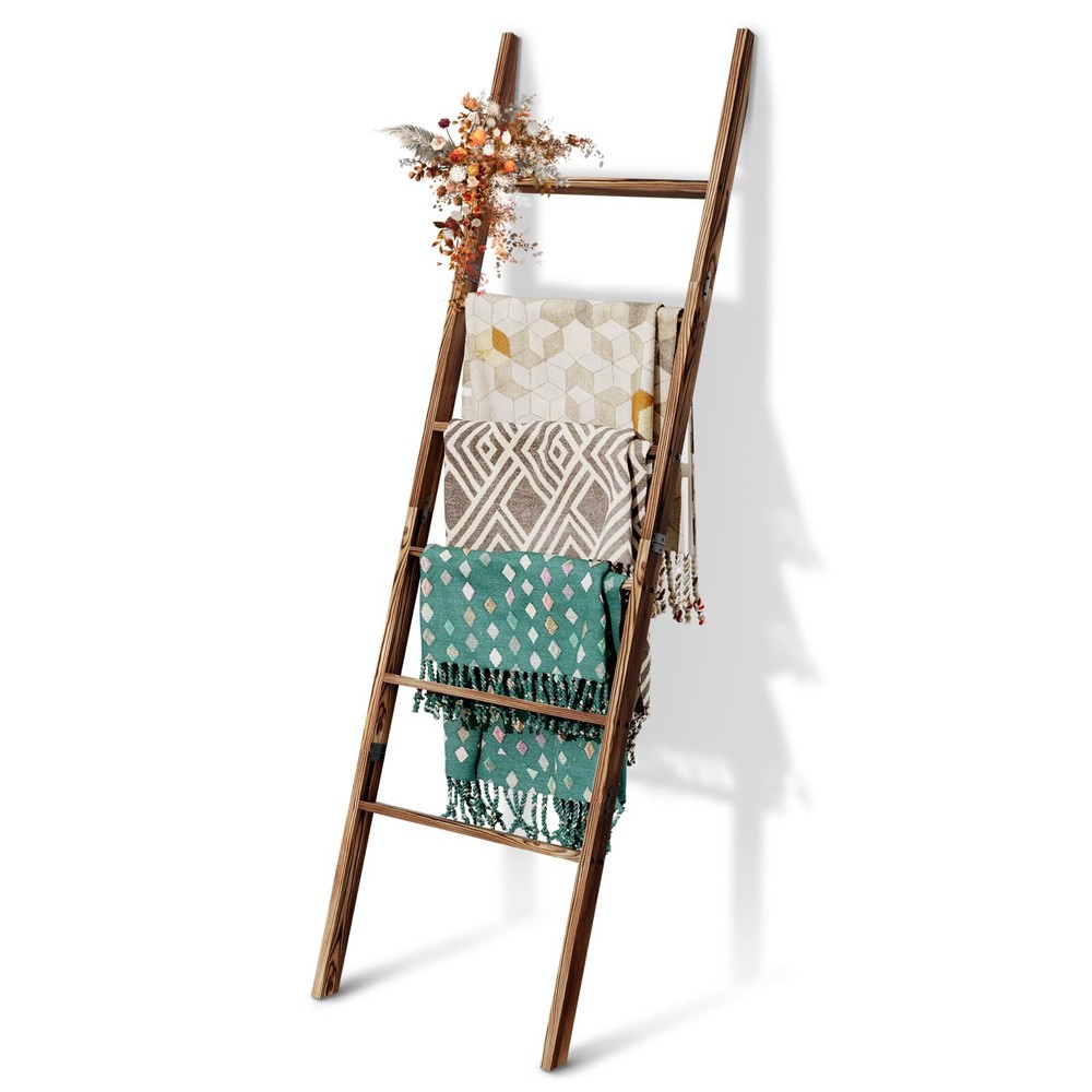 6-Tier Blanket Ladder Wooden, 5.7FT(66.5'') Blanket Quilt Towel Holder Rack D...