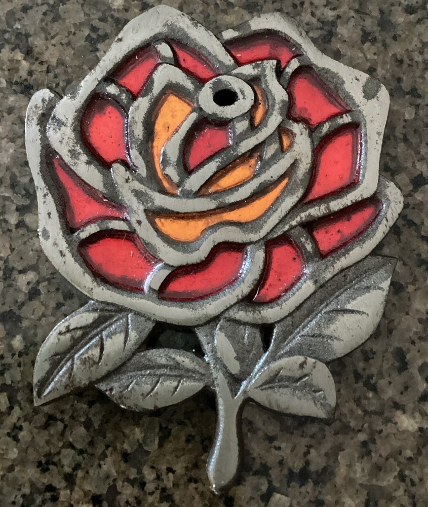 Vintage Cast Iron Trivet Rose With Red/Orange Stained Glass Tiffany Style
