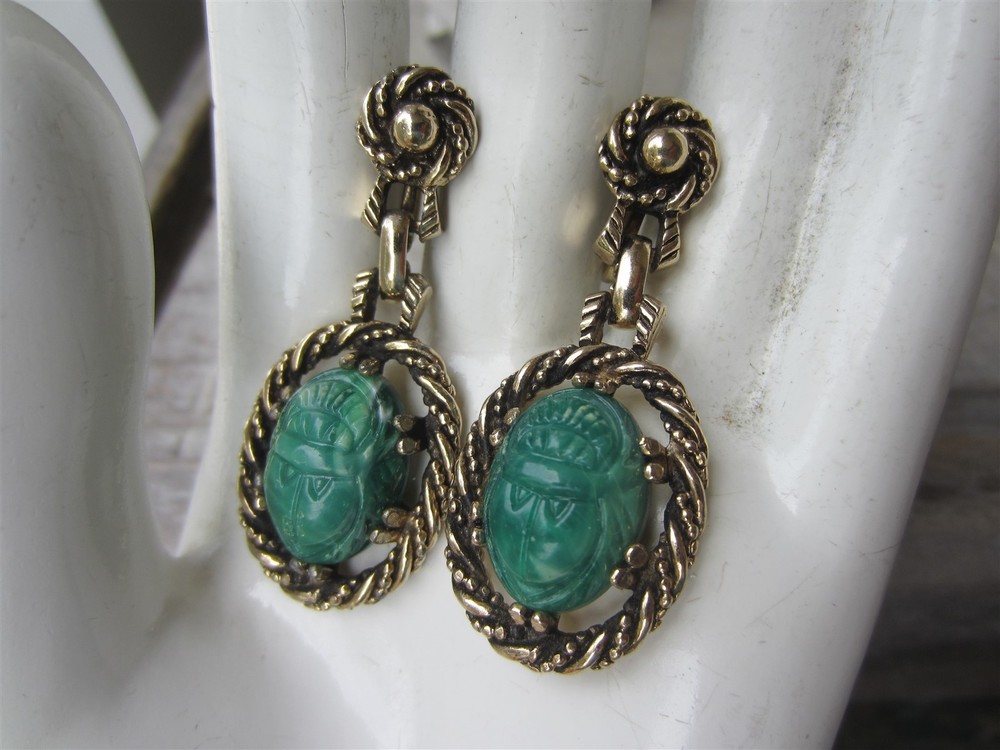 Vintage Molded Plastic Green SCARAB Screw Back Drop EARRINGS Egyptian Revival