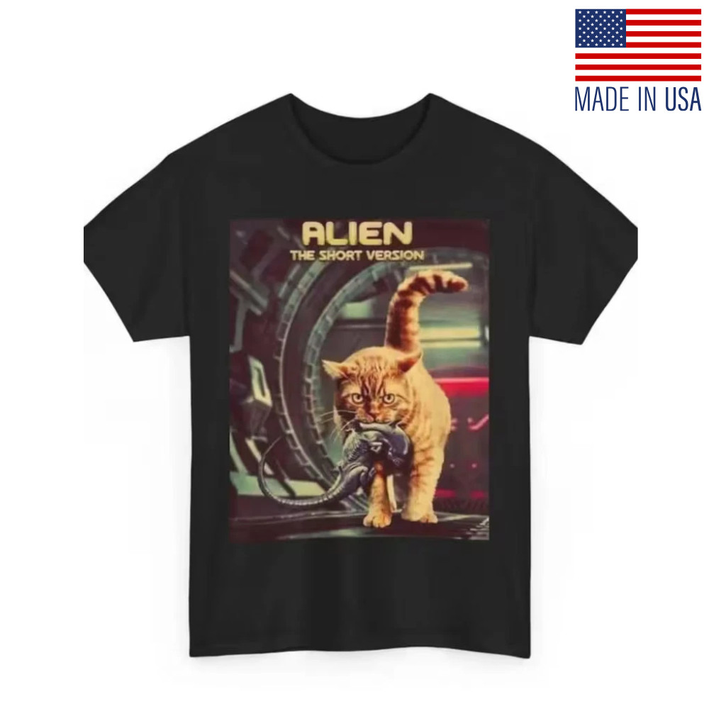 Men'S Black Alien Xenomorph Sci-Fi Graphic T-Shirt - Orange Tabby Cat Reprint