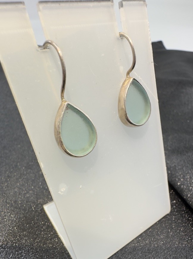 Green Seaglass Teardrop Sterling Silver 925 Drop/ Dangle Pierced Earrings