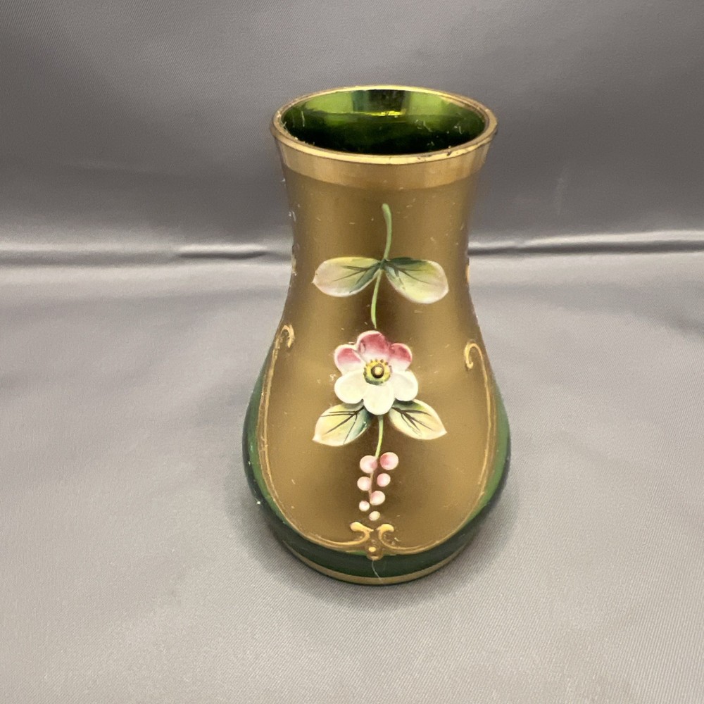 Vintage Green Gold Bohemian Glass Hand painted Moriage Flowers Czech Bud Vase