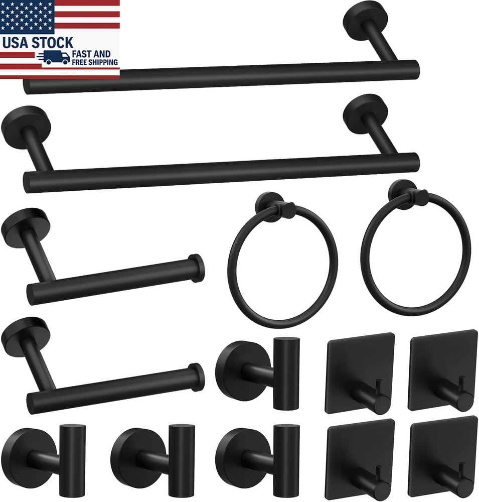 14-Piece Matte Black Bathroom Set - Stainless Steel Hardware for Modern Bathrooms