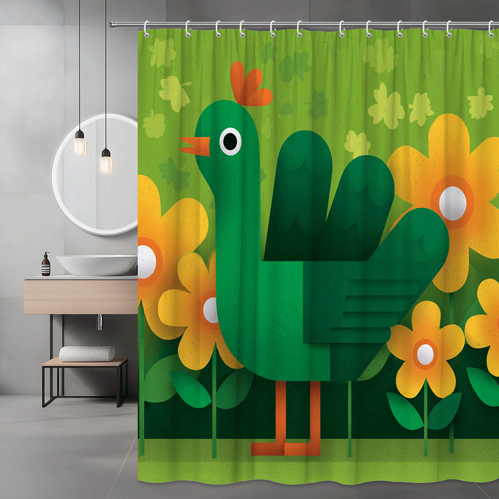 Green Bird Floral Shower Curtain, Cartoon Chick Design