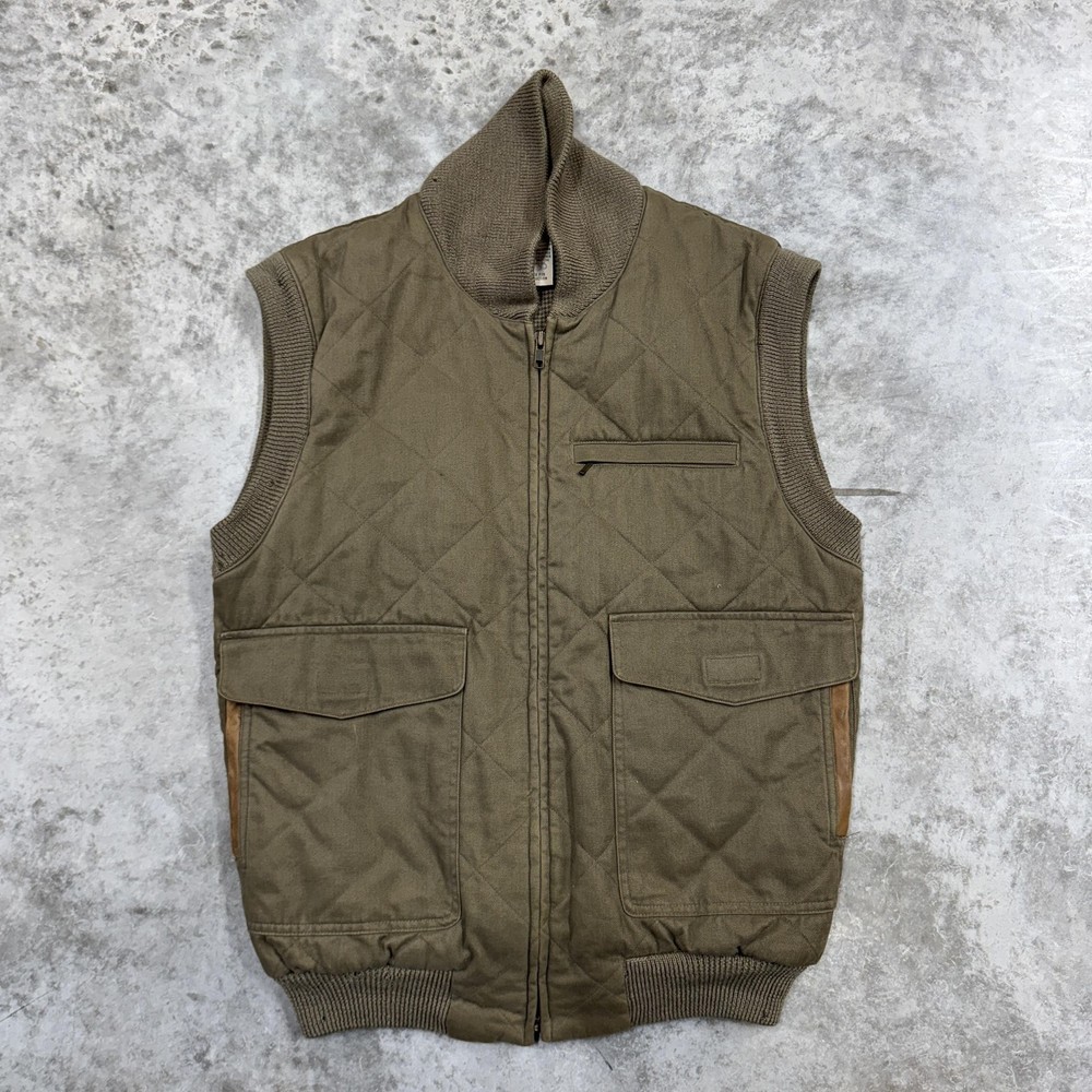 VINTAGE BANANA REPUBLIC VEST MENS SMALL OLIVE QUILTED FULL ZIP LEATHER TRIM 80s
