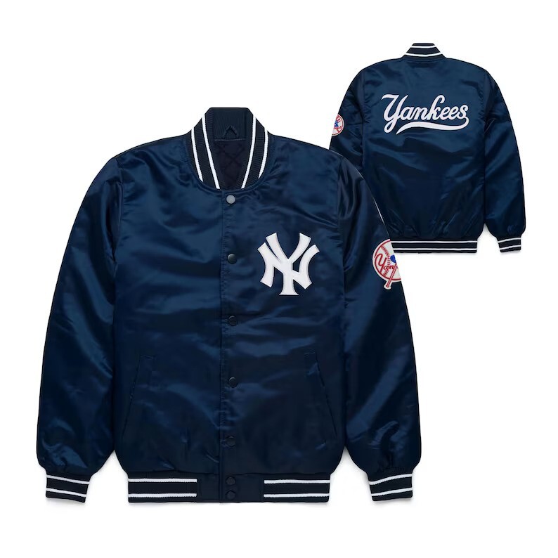 Chaqueta Universitaria de Béisbol Estilo Bombardero Azul Satinado Atlético Años 90 New York Yankees