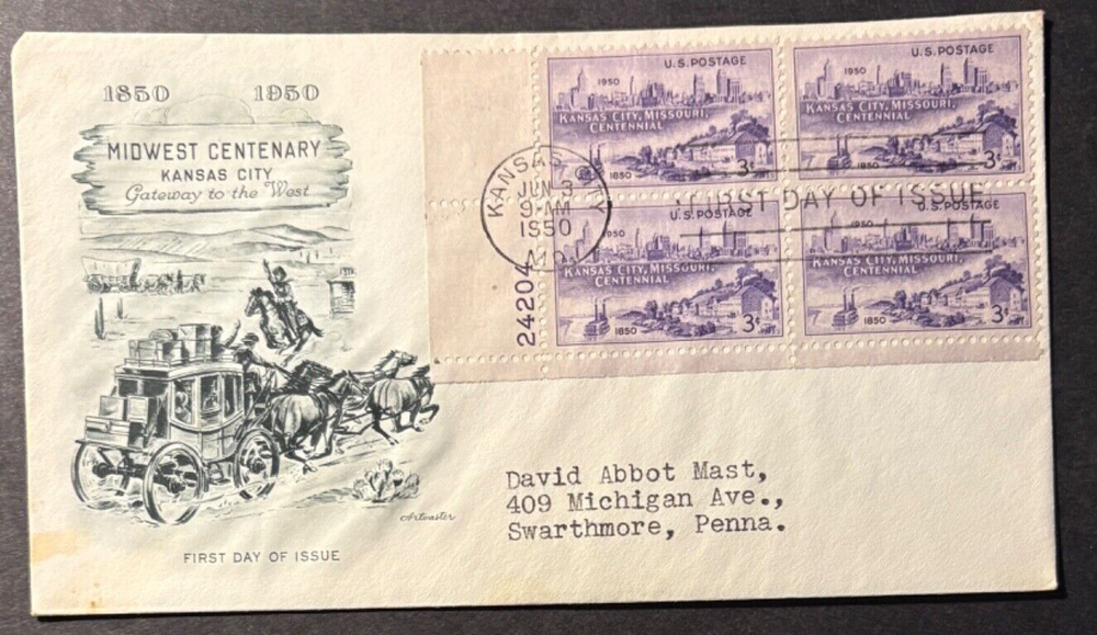 Kansas City Centennial FDC with Plate Block on ArtMaster Cachet #994  