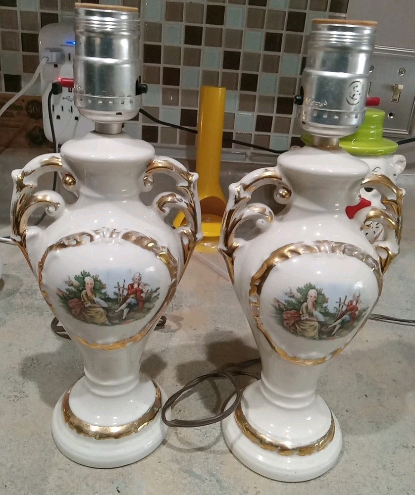 Vintage Porcelain George Martha Washington Court Dresser Lamps Pair Victorian