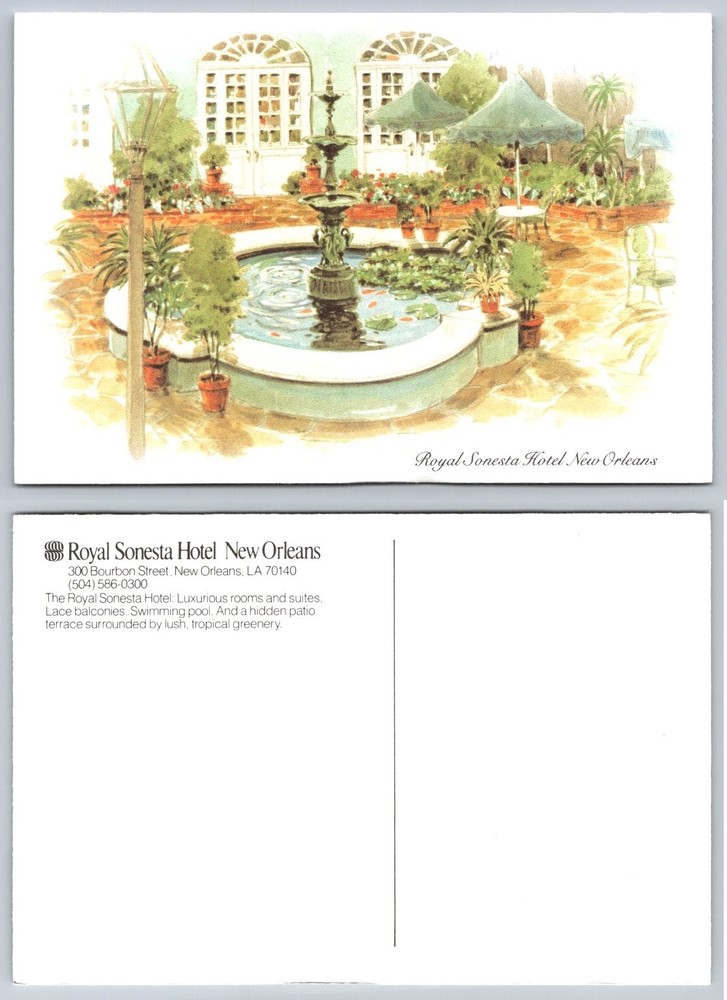 Royal Sonesta Hotel New Orleans Courtyard Fountain Watercolor Postcard