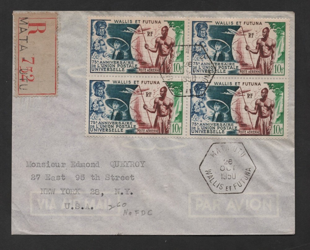 France Wallis & Futuna Islands Us 1950 Upu Sc. #C10 Block Of 4 Tied & Registered