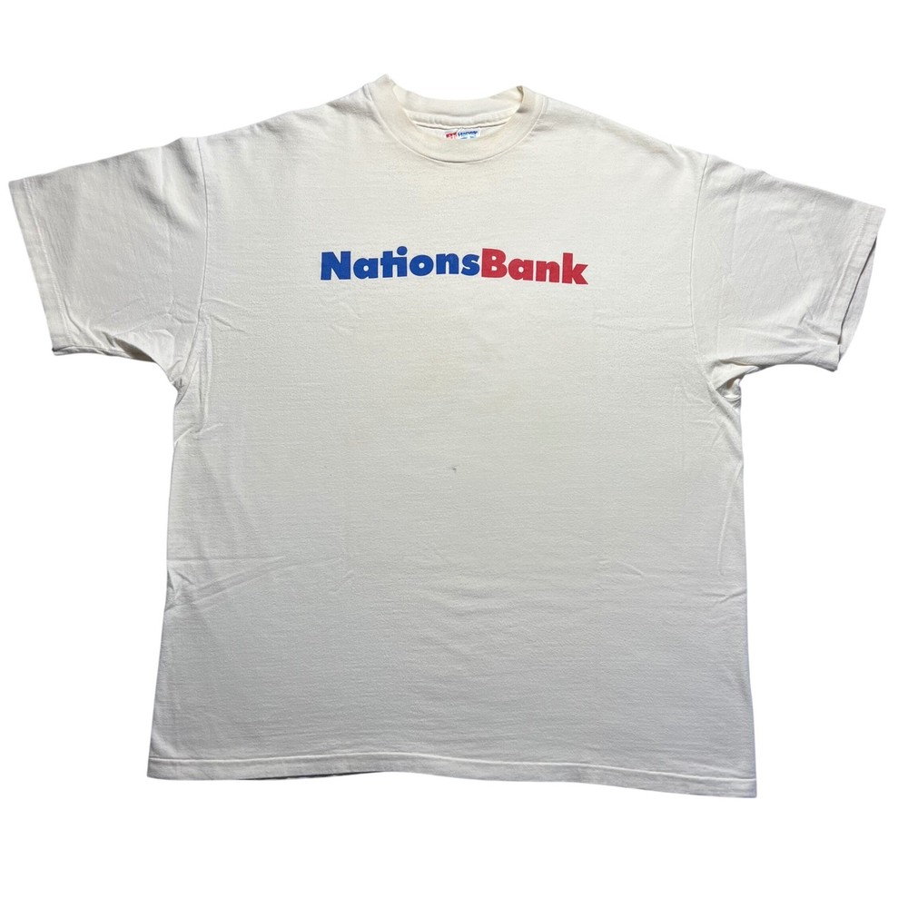Vintage 90s Nations Bank T Shirt Mens XL White Single Stitch Corporate Promo