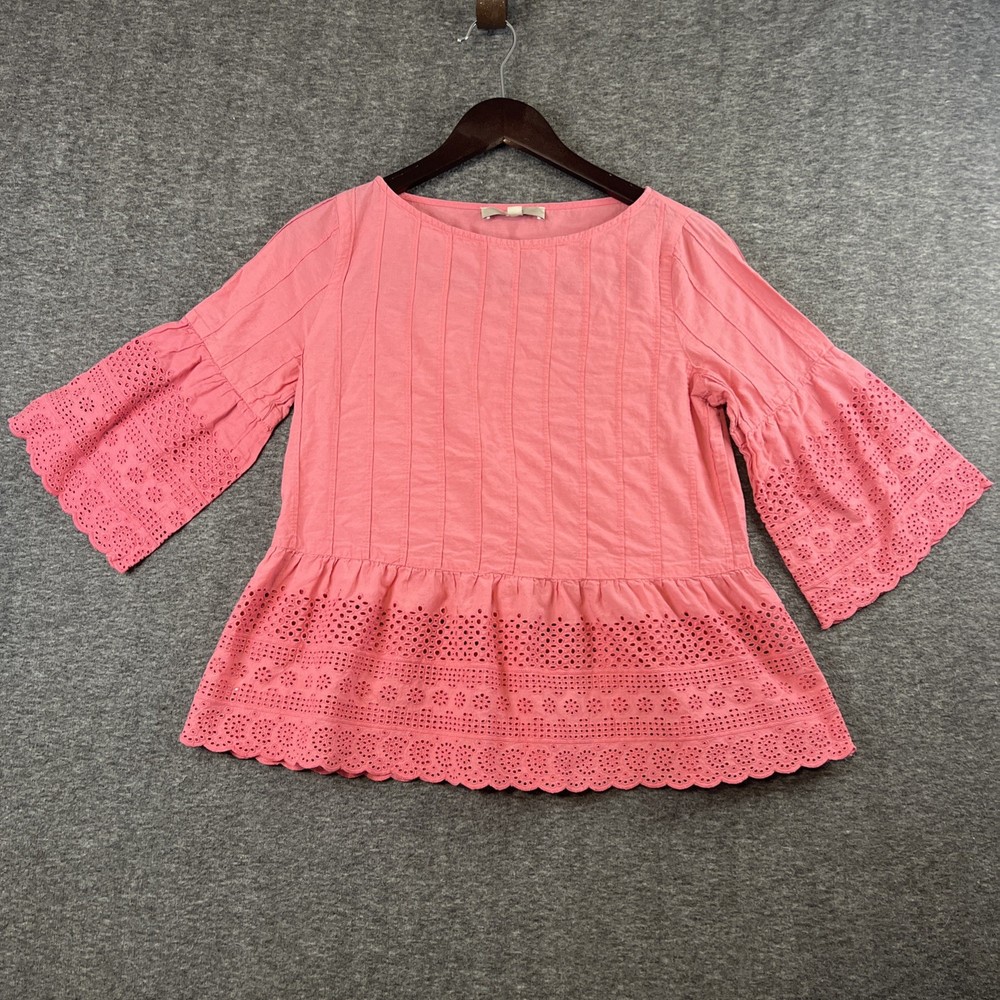 Ann Taylor LOFT Blouse Womens Size Small Solid Pink Lace Patterned Short Sleeve