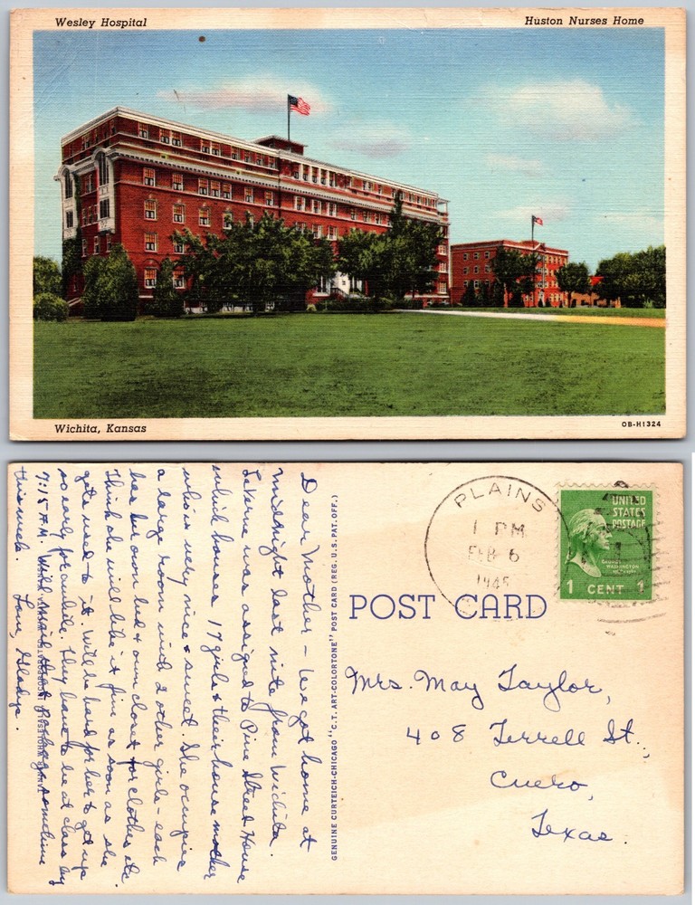 Wesley Hospital Hutton Nurses Home Wichita Kansas Postcard